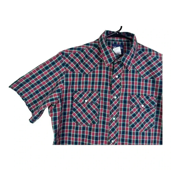 Vintage 90s Wrangler Large Western Pearl Snap Button Shirt Plaid Blue Green Red - Picture 5 of 13